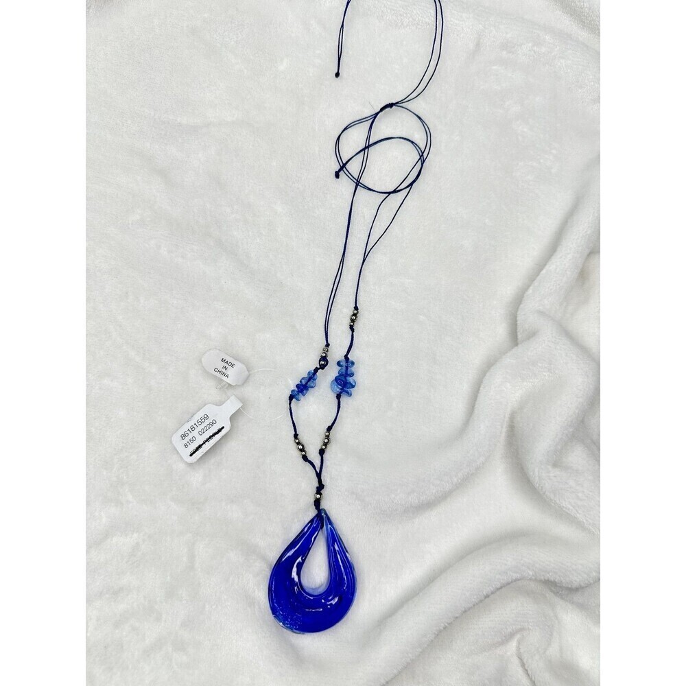 NEW Free People Blue Glass Teardrop Pendant Necklace Cord Silver Beads Metallic - Picture 4 of 5